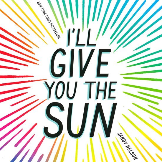 Boekcover I'll Give You the Sun met uitbarstende gekleurde lijnen.