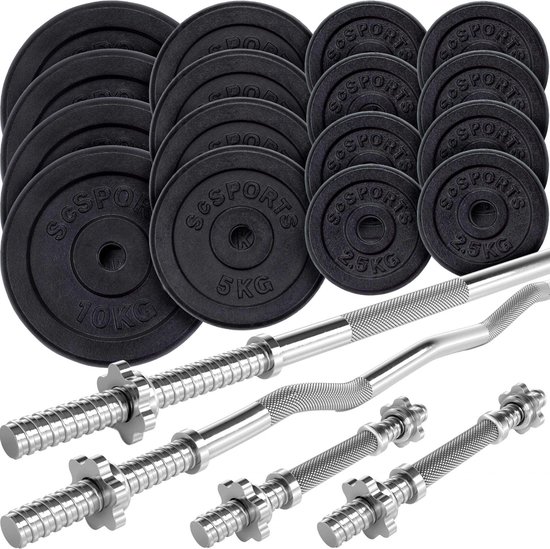ScSPORTS® Halterset 121 kg - Gietijzer - Complete set incl. verschillende halterstangen en halterschijven - 30 mm - Gewichten
