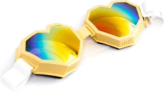 KIMU Goggles Hartjes Skibril - Bril Sunshine Geel Montuur - Regenboog Spiegelglazen - Burning Man Gele Ski Spacebril Rave Alien Dames Hart Festival