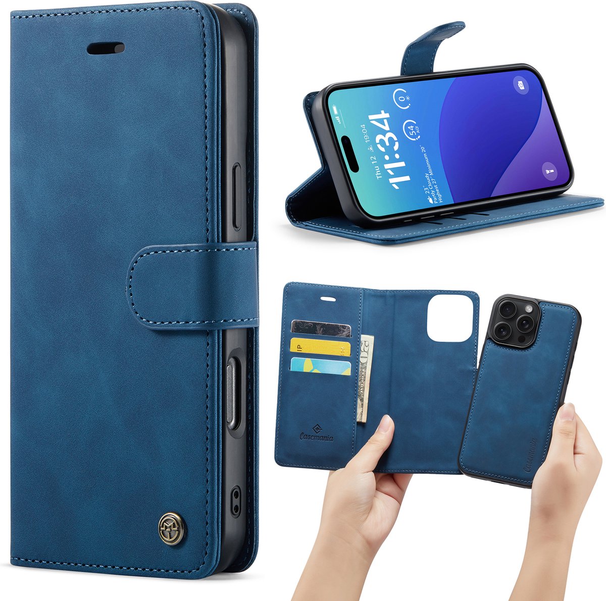 Casemania Hoesje Geschikt voor Apple iPhone 16 Pro Max - Navy Blue - 2 in 1 Magnetic Book Case