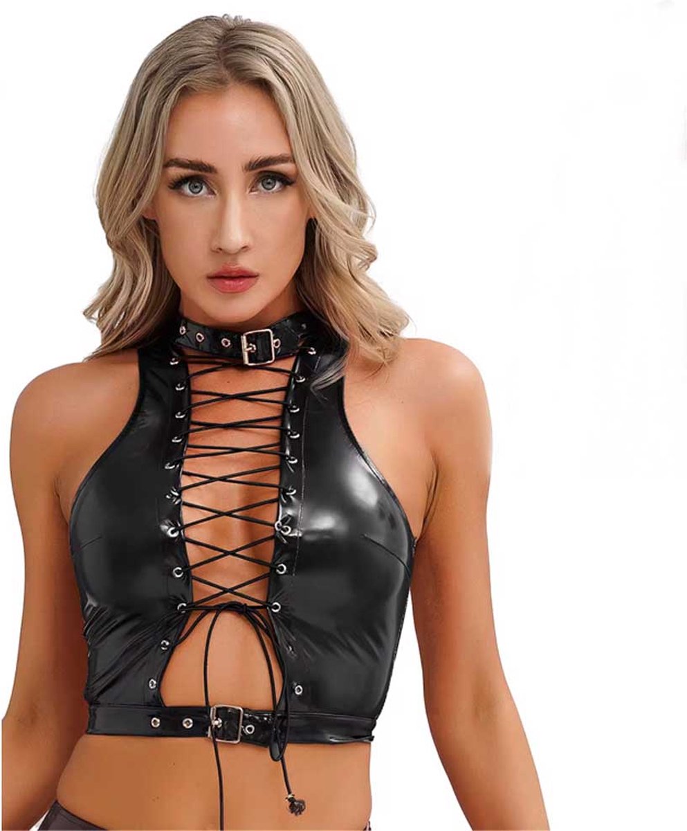 Goedkoopste Erotische top open hollow out - PU Leder BDSM - Latex Wetlook kleren - Open borst met veters - Halsband sluiting - Sexy vrouwen kleding - RedParrot
