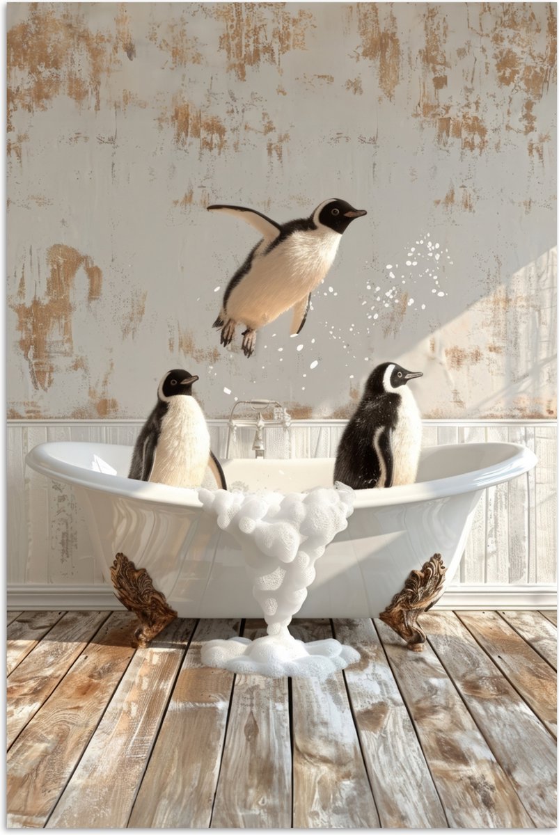 Poster 120x180 cm - Vintage - Pinguïn - Badkuip - Schuim - Posters - Wanddecoratie badkame