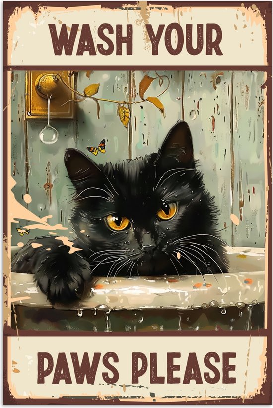 Targa In Metallo Vintage 20x30cm "Wash Your Paws" Con Gattino - Cartello Divertente Per Bagno, Cucina, Decorazione Parete, Angoli Arrotondati