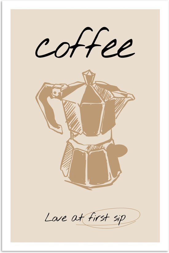 Poster met schets van een koffiezetapparaat. Tekst 'coffee' en 'Love at first sip'. Beige achtergrond.