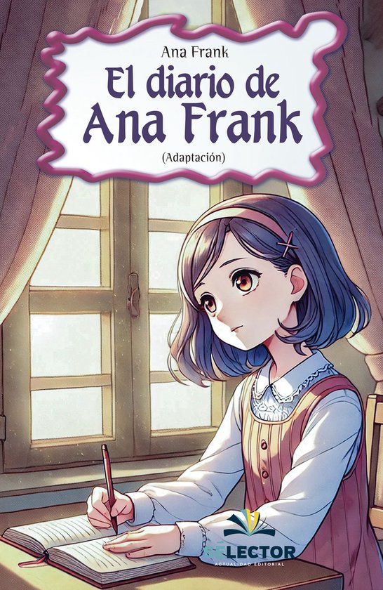 De voorkant van het boek 'Het Dagboek van Anne Frank', met een illustratie van een meisje met donker haar, dat aan een bureau zit te schrijven.