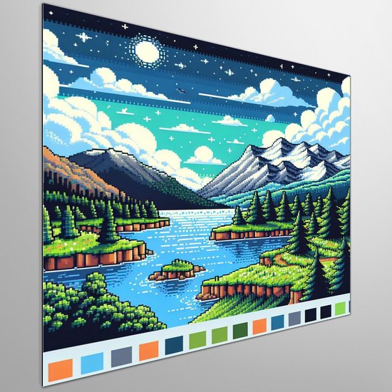 Pixel art landschap schilderij | Verbazingwekkend vervlochten pixel landschap dat de essentie van kunst omvat | Kunst - 20x20 centimeter op Dibond | Foto op Dibond