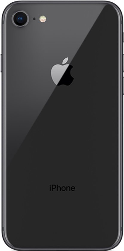 Donkergrijze iPhone 8 van de achterkant en zijkant, met Apple logo en 'iPhone'.