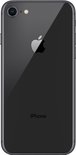Donkergrijze iPhone 8 van de achterkant en zijkant, met Apple logo en 'iPhone'.