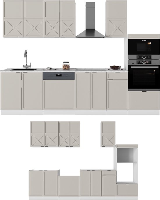Vicco Fame- Line Cuisine complète – 300 cm avec armoire haute, sans plan de travail Grijs/beige/blanc