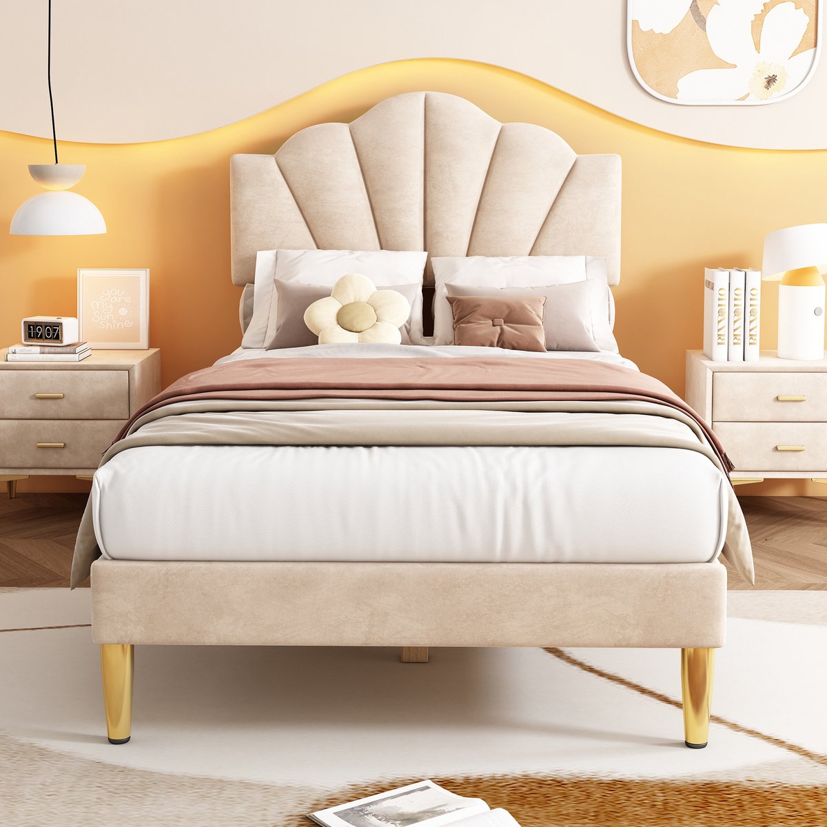 GUTENACHT Gutent Gestoffeerd bed, 90x200 cm, Eenpersoons, Zonder matras, Beige, Schelpbed met goudkleurige ijzeren poten, in hoogte verstelbaar hoofdbord, Houten lattenbodem
