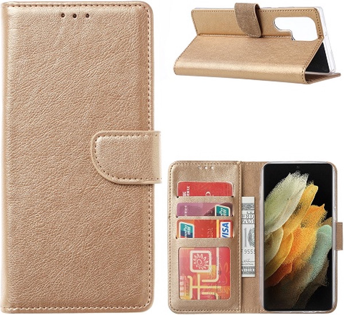 Samsung S22 Ultra Hoesje Met Pasjeshouder Bookcase Goud