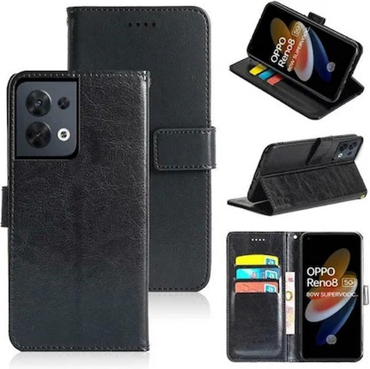 Oppo Reno 8 Hoesje Met Pasjeshouder Bookcase Zwart