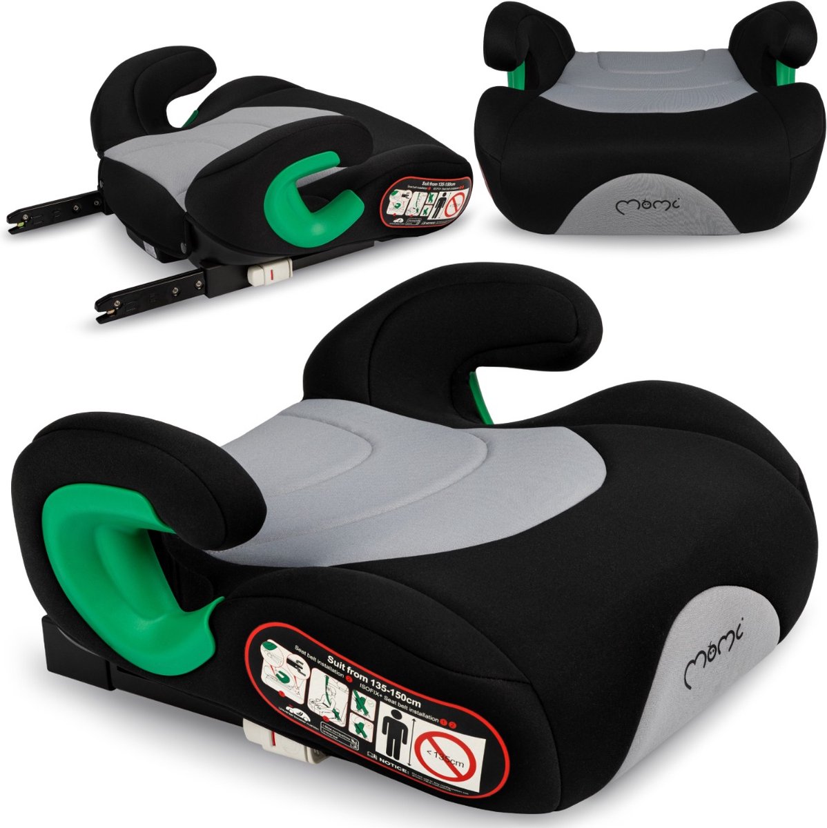 MoMi VENKO Boosterzitje met ISOFIX - Autostoelverhoger 135-150 cm - UN R129 - Tot 36 kg - Grijs