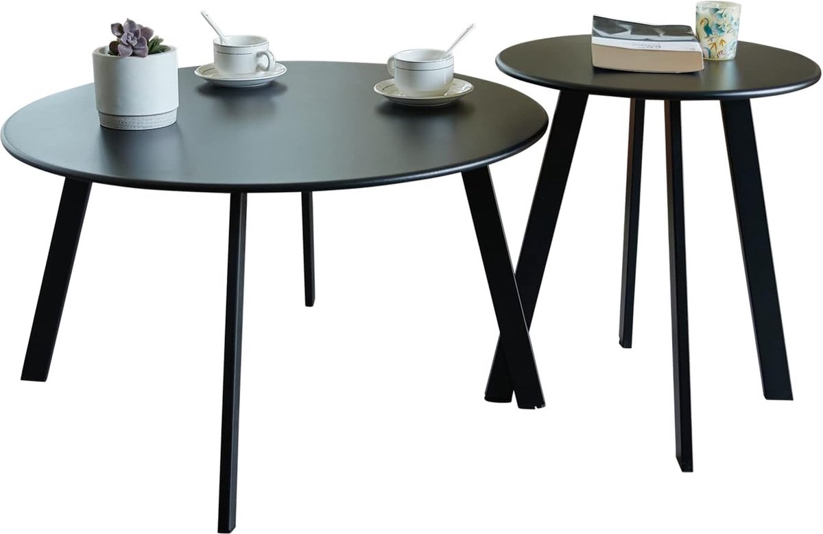 Goodivery ® Set van 2 Weerbestendige Ronde Bijzettafels voor Binnen en Buiten, Zwart