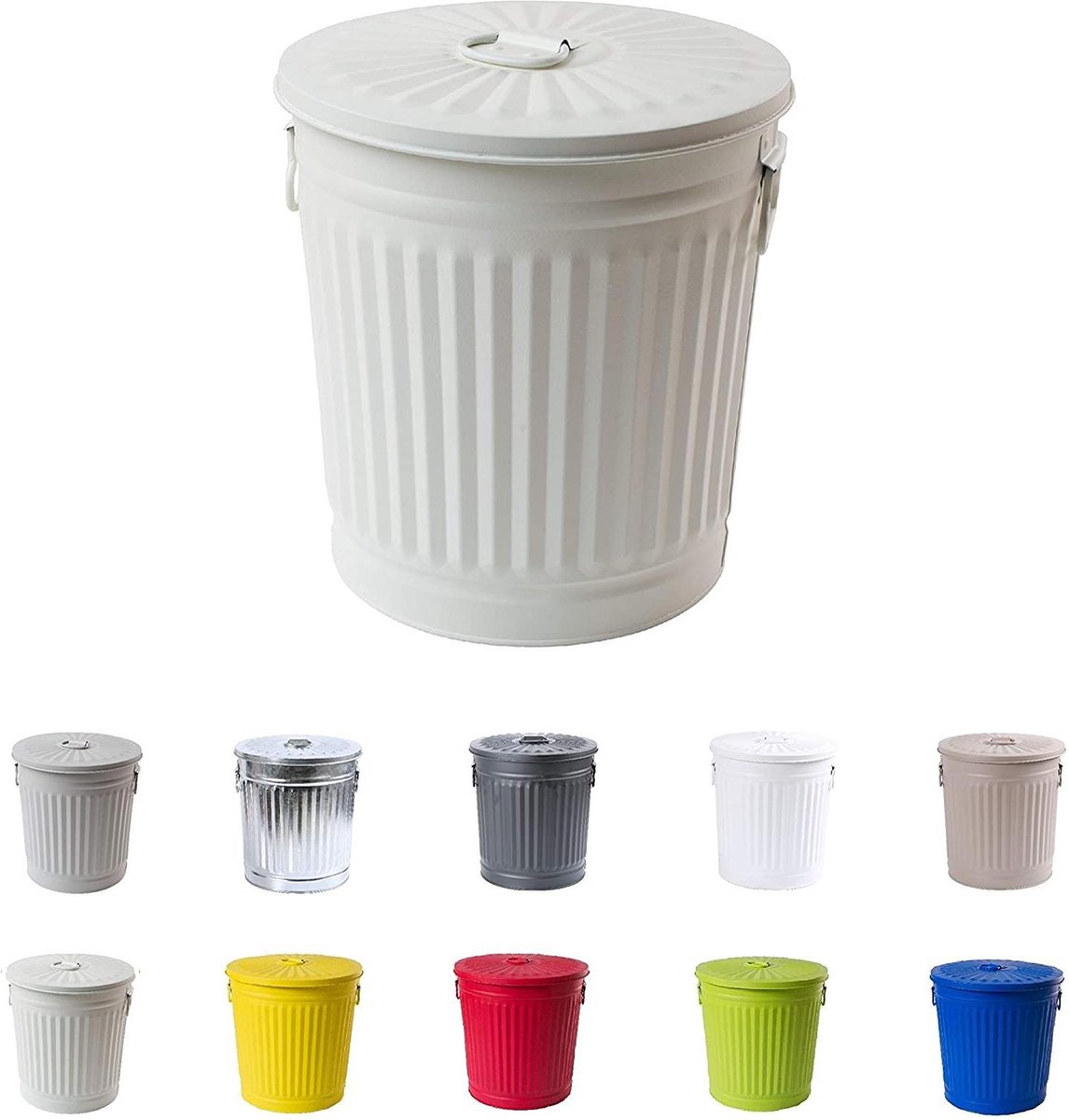 Goedkoopste Gegalvaniseerde Metalen Vuilnisbak met Handvaten en Deksel - Wit Crème - Diameter Ø 215 cm - Hoogte 215 cm - Inhoud 7 liter - Duurzaam - Praktisch
