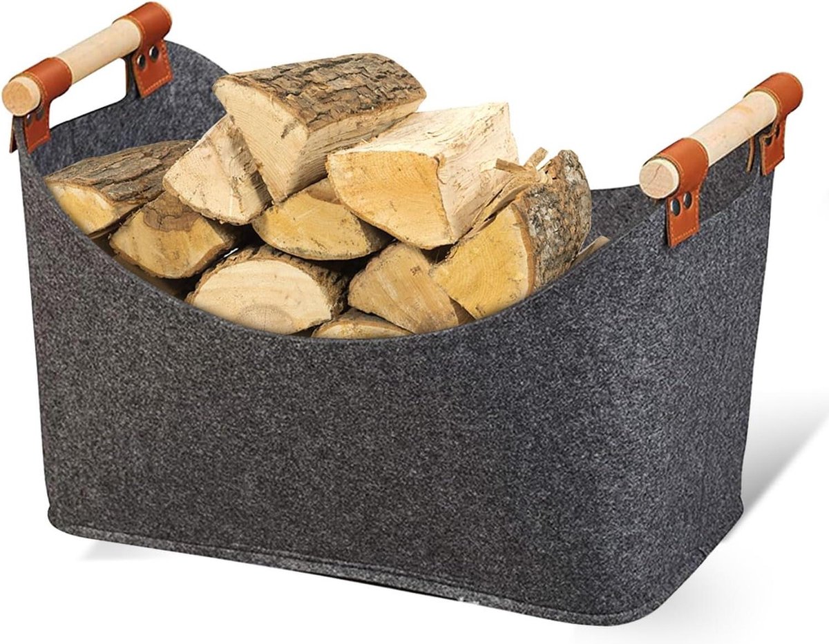 Haardhoutopslag - Houtopberging XL Houten mand voor brandhout - brandhoutmand met handgrepen - extra dik vilt vilten mand - opvouwbaar transport en opslag