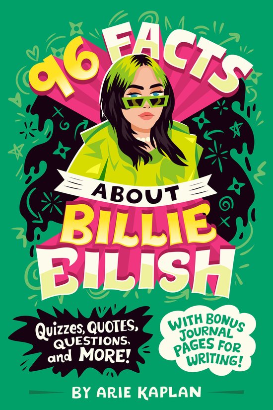 Couverture de livre avec Billie Eilish en vert, avec le texte '96 faits sur Billie Eilish'.