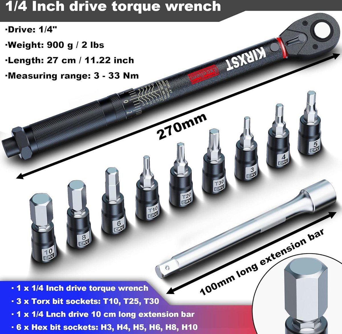 Momentsleutel fiets 1/4 inch 2-24 Nm Torque Wrench set, ± 3