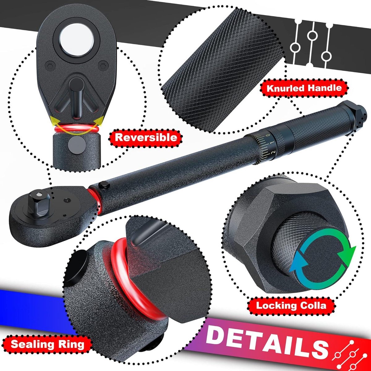 VANPO Momentsleutel 1/4 inch & 3/8 inch & 1/2 inch, 3-delige onderhoudsset voor motorfiets en auto, momentsleutel 5-25 Nm, 5-60 Nm, 20-220 Nm, nauwkeurigheid ± 3% met 72 tanden, omkeerbare ratelkop