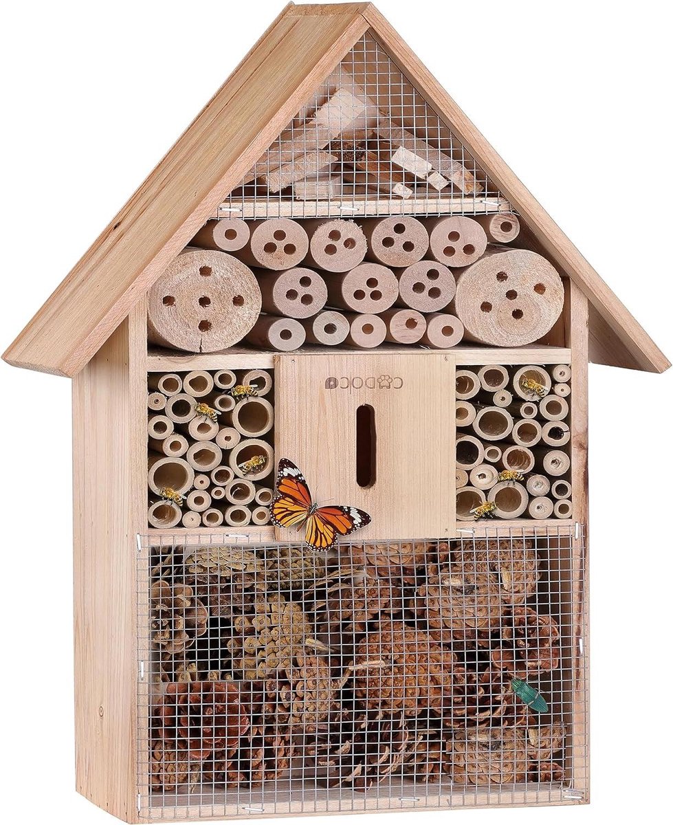Bijenhotel 48x31x10cm Hout Puntdak Tuin Insectenhuis Nestkast Weerbestendig Balkon Terras Cadoca