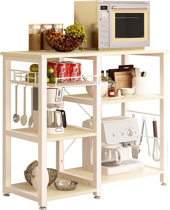 Support de rangement pour étagère de cuisine pour micro-ondes en métal et bois - 5 étagères - crochets gratuits - érable et blanc - meuble micro-ondes 90 x 40 x 83 cm