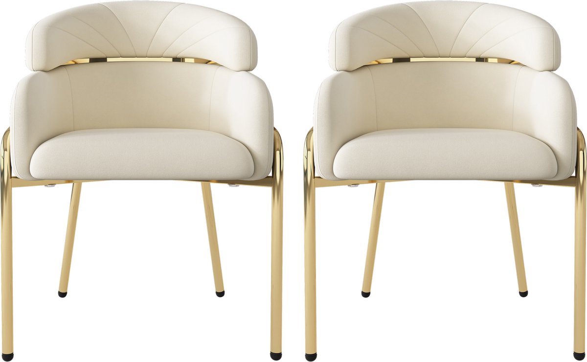 Merax Eetkamerstoelen Set van 2 - Luxe Fliuwelen Stoel met Metalen Poten - Beige met Goud