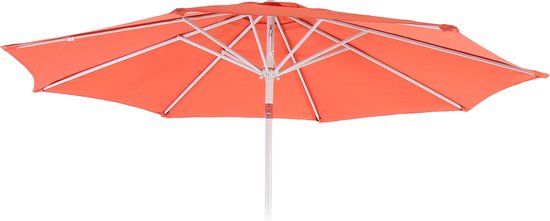 Een open, oranje parasol met een witte paal en een metalen frame.