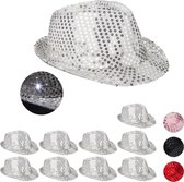 Relaxdays 10 x paillette hoed - feesthoed glitter - partyhoed LED - fedora hoed - zilver