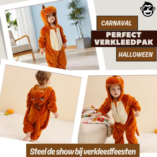 Collage van kind in bruine dinosaurus onesie, achterkant en voorkant, met tekst Carnaval, Halloween.