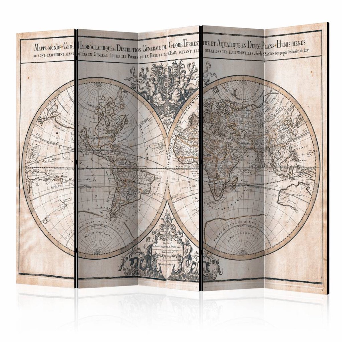 Vouwscherm / Kamerscherm - Oude wereldkaart 225x172cm , gemonteerd geleverd, dubbelzijdig geprint