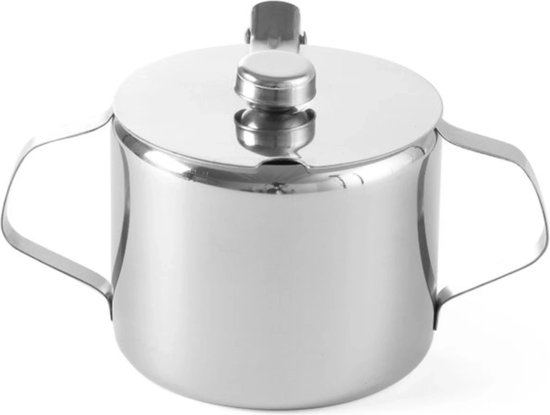 Zilverkleurige suikerpot van roestvrij staal met twee handvatten en een scharnierend deksel met knop.