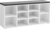 ACAZA Schoenenrek - Schoenenkast - Schoenenbank - Met Zitkussen - 10 Vakken - 104 x 30 x 48 cm - Wit en Grijs