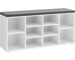 ACAZA Schoenenrek - Schoenenkast - Schoenenbank - Met Zitkussen - 10 Vakken - 104 x 30 x 48 cm - Wit en Grijs