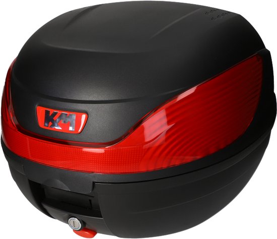 Zwarte KXM topkoffer met rode reflector en logo.