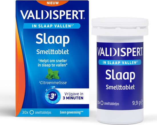 Valdispert Slaap Smelttablet (doos en pot) met citroenmelisse. Helpt om sneller in slaap te vallen. Vrijgave in 3 minuten.