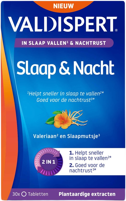 Doos Valdispert Slaap & Nacht met de tekst 'Helpt sneller in slaap te vallen en goed voor de nachtrust'.