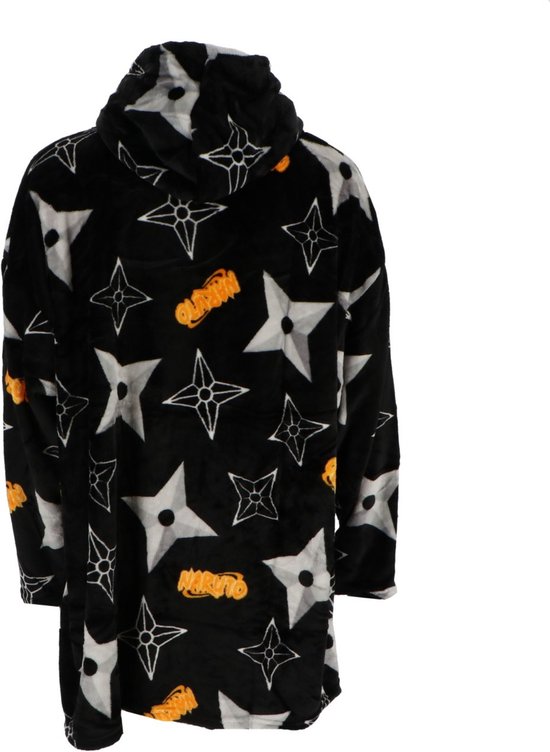 Achterkant van een zwarte hoodie deken met een all-over print van witte shuriken en oranje "Naruto"-logo's.