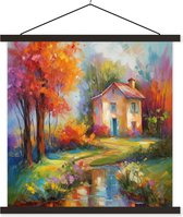 Posterhanger incl. Poster 120x120 cm - Schoolplaat - Landschap - Kleurrijk - Olieverf - Kunst - Textielposter - Zwarte latten