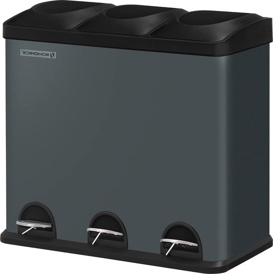 Système de tri des déchets 54 litres gris-noir LTB54G avec 3 compartiments poubelles intérieures poubelle à pédale 50 litres