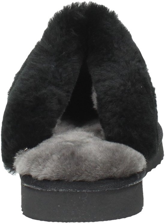 Zwarte slipper met grijze voering en zwarte bontrand