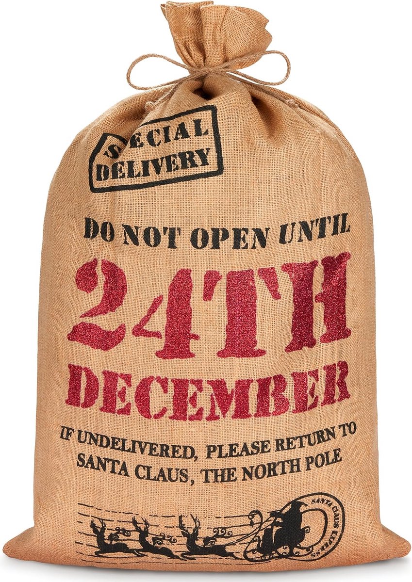 BRUBAKER Kerstzak "Do not open until 24th December" - 80 cm cadeauzak voor Kerstmis - Sinterklaas zak van jute - zak met koord voor het verpakken van geschenken