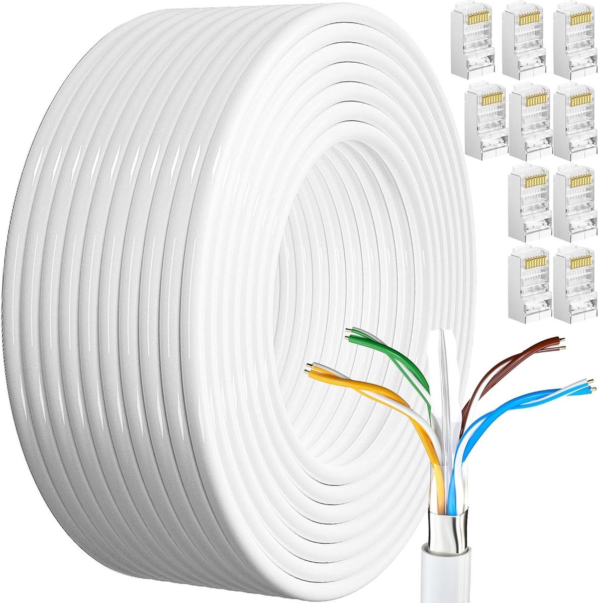 Image of 50 Meter Cat 6 Afgeschermd Buiten Bulk Ethernetkabel - Extra Lange Netwerkkabel Installeren Waterdicht Weerbestendig - Hoge Snelheid FTP 23awg Gigabit Netwerklijn Internetdraadkabel