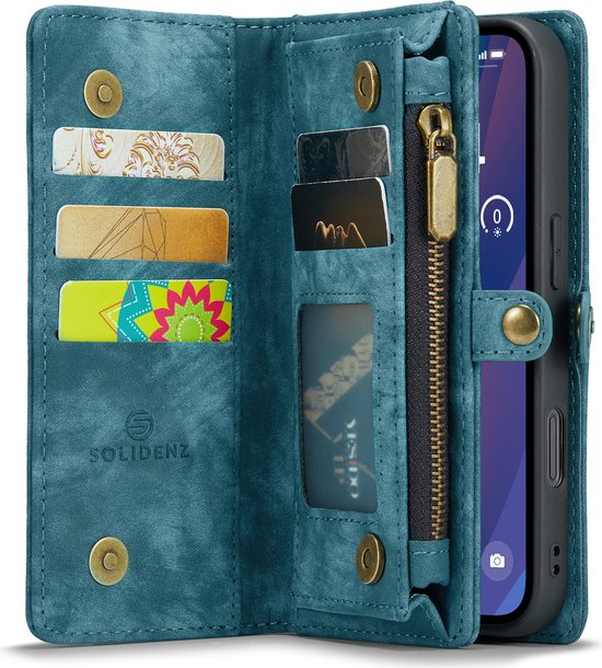 Étui portefeuille Solidenz iPhone 16 Pro Max - Porte-cartes - Poche zippée - Dragonne - Bleu