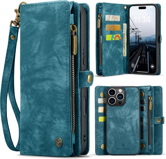 Foto: Geschikt voor iphone 16 pro hoesje solidenz wallet case 16 pro telefoonhoesje 16 pro 16 pro case met pasjeshouder met ritsvak met polskoord portemonee hoes blauw