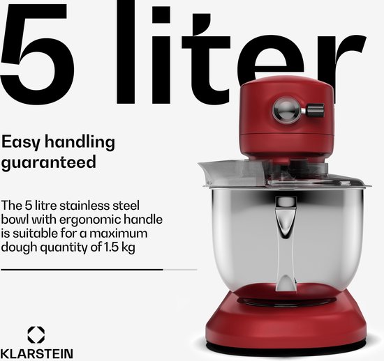 Klarstein Chiara Keukenmachine - 1600W - 5 Liter Roestvrijstalen kom - 12 Snelheden - LCD Touch Display - ≤72 dB - Vaatwasmachinebestendige patisserie set - Gegoten aluminium behuizing - Rood van Klarstein — afbeelding 4