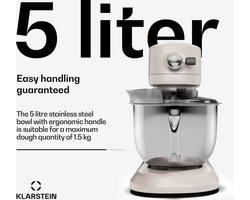 Klarstein Chiara 1600W Keukenmachine – 5L roestvrijstalen kom, 12 snelheden, LCD-touchdisplay, Stil ≤72 dB, Vaatwasserbestendige patisserieset, Aluminium spuitgietbehuizing, Zand