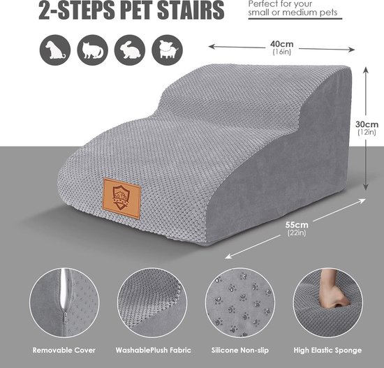 EHEYCIGA Trap voor Kleine Honden 2 Treden, Opstap voor Hond van Schuim voor Bed en Bank, Trap voor Oudere Huisdieren met Wasbare Hoes en Antislip Onderkant, 40x50x30 cm, Grijs