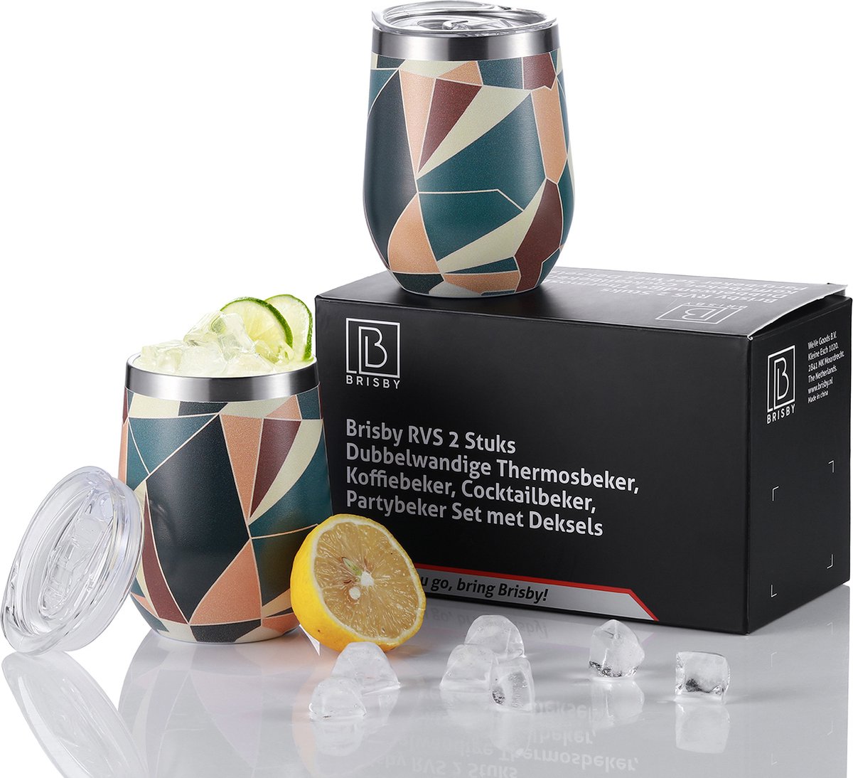 Brisby RVS thermosbekers set – 2x 360 ml – dubbelwandig – Abstract Colors