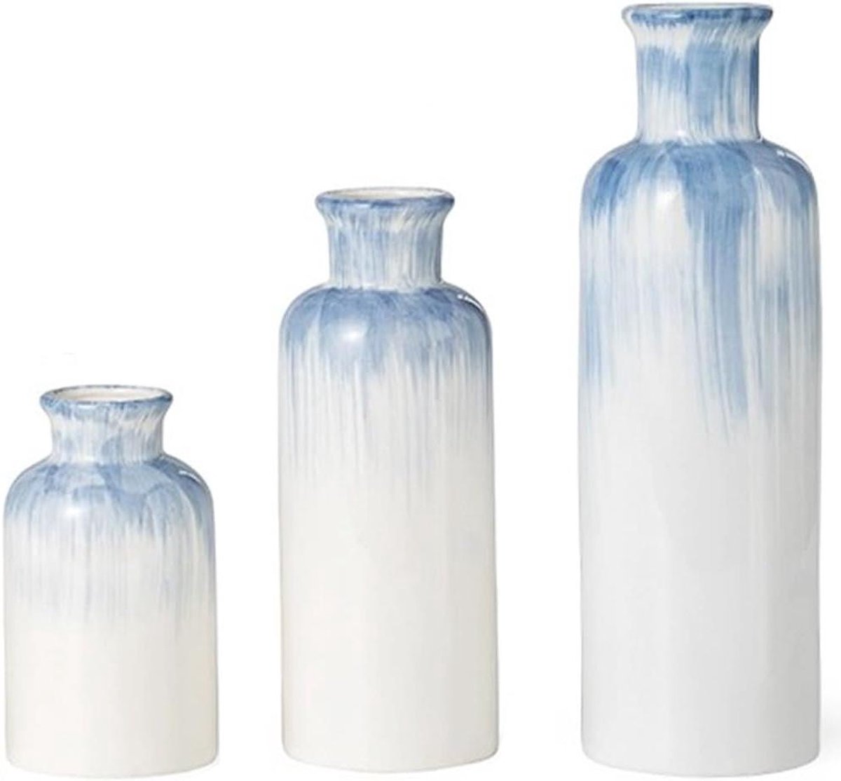 Keramische vaasset voor eettafeldecoratie - Set van 3 blauwe bloemenvazen - Scandinavische stijl - Huisdecoratie - Mini-decoratieve vaas - Enkele bloem - Pampasgras - Hoogte 5-20-25 cm