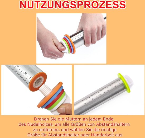 Verstelbare deegroller met ringen voor fondant pizzadeeg pasta koekjes - roestvrijstaal pasta roller van VER — afbeelding 4